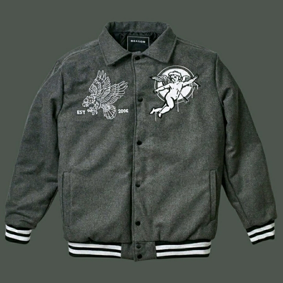 Reason Charcoal Bomber Jacket with Embroidered Designs $159 - Picture 1 of 6